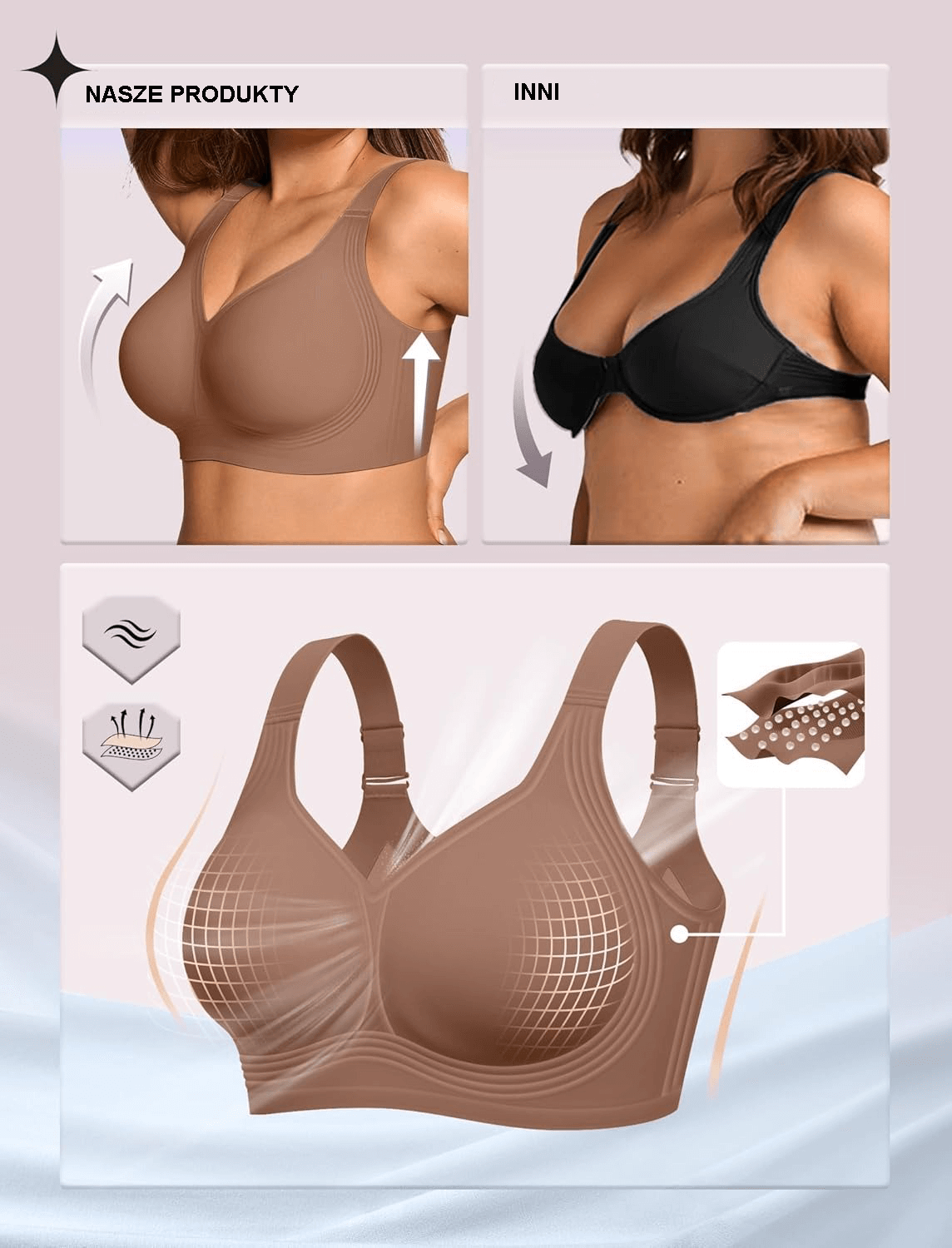 Biustonosz żelowy bez fiszbin damski, plus size, bezszwowy, zapewniający pełne wsparcie, wygodny biustonosz push-up bez fiszbin w stylu T-shirt
